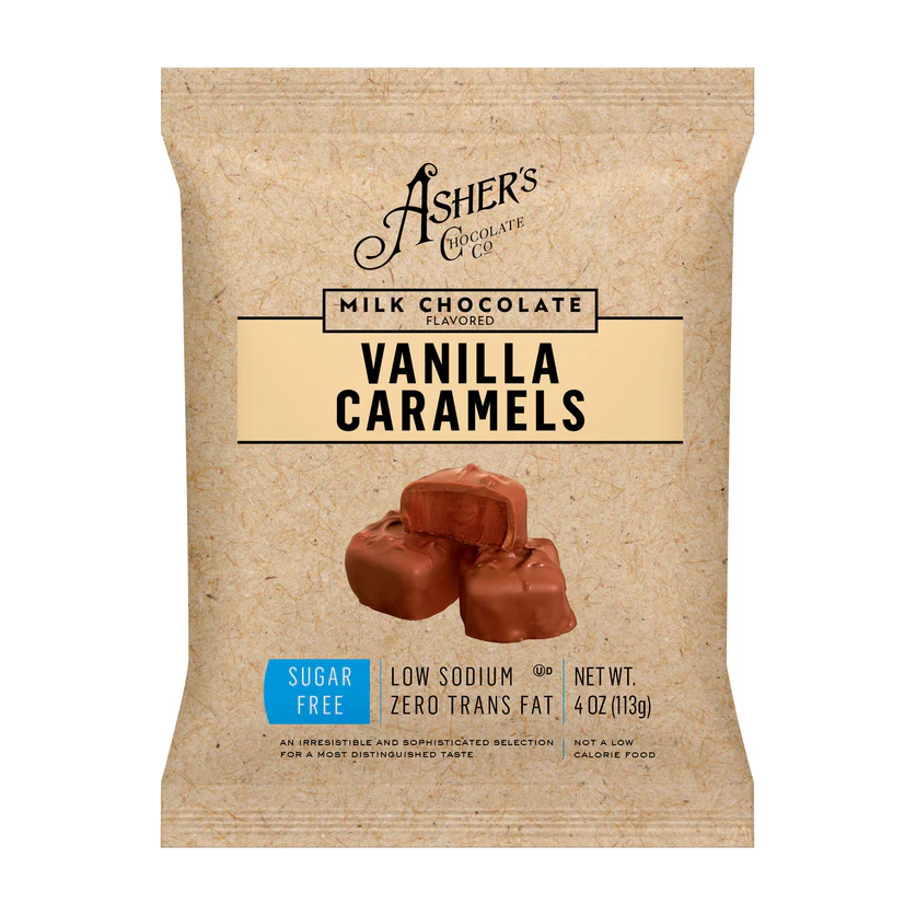 Asher's Chocolate - Sugar Free Candy - Milk Chocolate Vanilla Caramels - 4oz