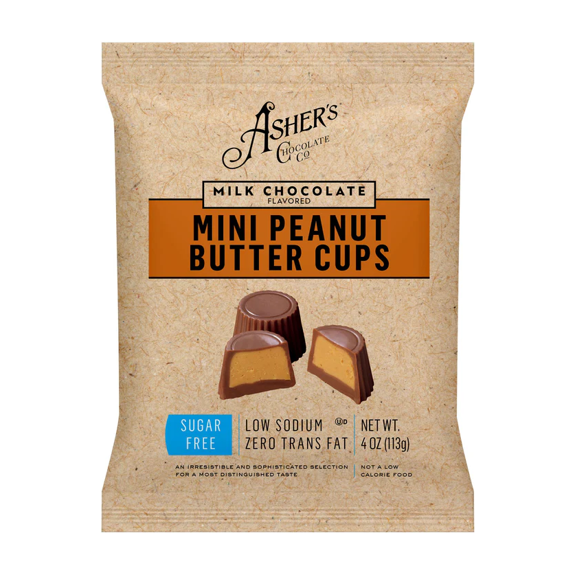 Asher's Chocolate - Sugar Free Candy - Milk Chocolate Mini Peanut Butter Cups - 4oz