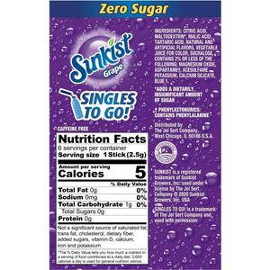 Sunkist Zero Sugar Singles-to-Go - Grape - 6 sticks