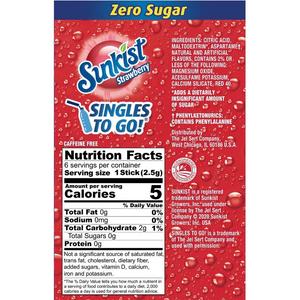 Sunkist Zero Sugar Singles-to-Go - Strawberry - 6 sticks